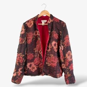 Coldwater Creek Red Floral Jacket Size M Velvet Sheer Overlay Casual Office